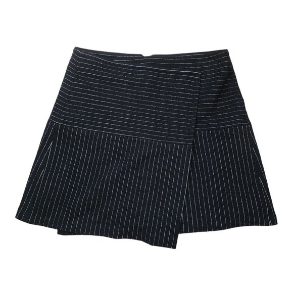 Alice + Olivia NWT Pinstripe Faux Wrap Black White Wool Mini Skirt 8 - Picture 2 of 5